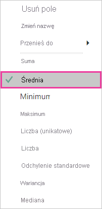 Zrzut ekranu przedstawiający listę agregacji z wybraną pozycją Średnia i wywoływana.