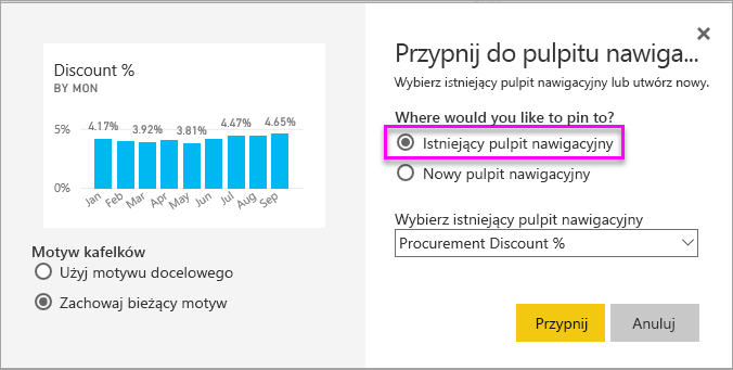 Zrzut ekranu przedstawiający okno Przypnij do pulpitu nawigacyjnego z wyróżnionym istniejącym pulpitem nawigacyjnym.