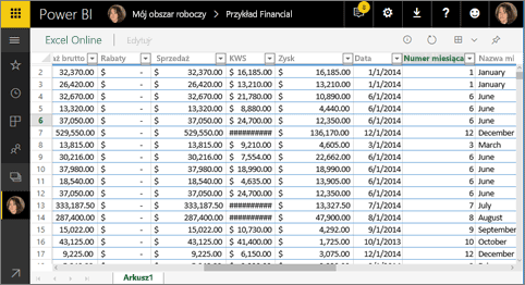 Zrzut ekranu przedstawiający usługę Excel Online w usłudze Power BI.