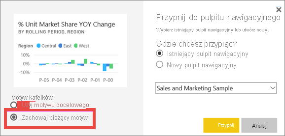 Zrzut ekranu przedstawiający okno Przypnij do pulpitu nawigacyjnego z wyróżnioną opcją Zachowaj bieżący motyw.