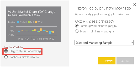 Zrzut ekranu przedstawiający okno Przypnij do pulpitu nawigacyjnego z wyróżnioną opcją Użyj motywu docelowego.