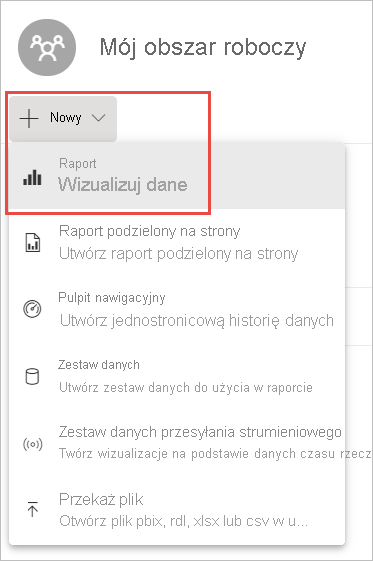 Zrzut ekranu przedstawiający obszar Mój obszar roboczy z wyróżnionym menu rozwijanym Nowy i opcją Nowy raport.