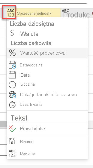Zrzut ekranu przedstawiający opcje Typ danych dla kolumny.