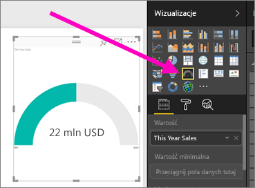 Zrzut ekranu przedstawiający wizualizację i okienko Wizualizacje z wyróżnioną ikoną szablonu Miernik.