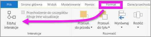 Zrzut ekranu przedstawiający menu Format programu Power BI Desktop z wyróżnioną pozycją Edytuj interakcje.