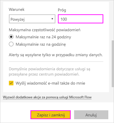 Zrzut ekranu przedstawiający okno Zarządzanie alertami z wyróżnionym wpisem Próg 100.