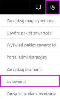 Zrzut ekranu przedstawiający pasek menu usługi Power BI z wyróżnioną ikoną koła zębatego i opcją Ustawienia.