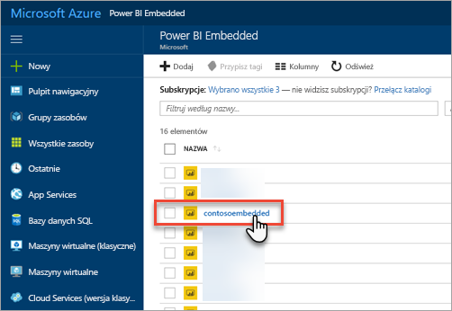 Zrzut ekranu witryny Azure Portal przedstawiający listę pojemności usługi Power BI Embedded.