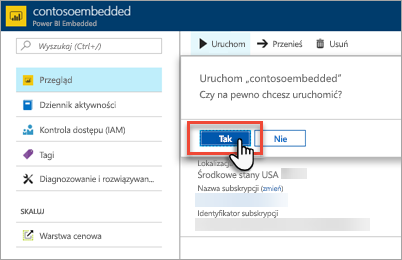 Zrzut ekranu portalu Azure przedstawiający wyróżniony przycisk Tak w oknie dialogowym uruchamiania pojemności.