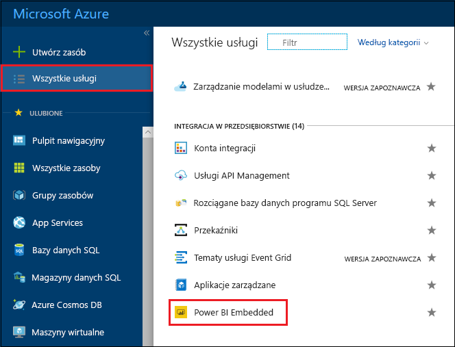 Zrzut ekranu witryny Azure Portal przedstawiający listę usług platformy Azure.