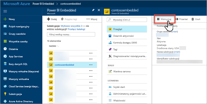 Screenshot of the Azure portal, which shows the highlighted Pause button.