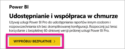 Zrzut ekranu przedstawiający ofertę bezpłatnej wersji próbnej usługi Power BI.