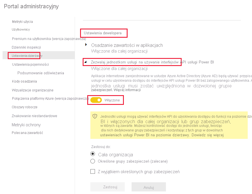Zrzut ekranu przedstawiający sposób włączania opcji ustawień dewelopera w opcji menu ustawień dzierżawy w usłudze Power BI.