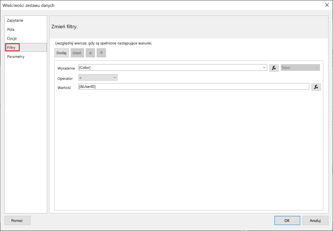 Zrzut ekranu przedstawiający filtr programu Power BI Report Builder.