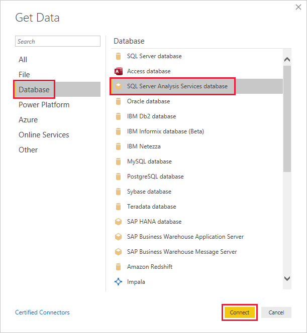 Połącz się z bazą danych usług SQL Server Analysis Services.