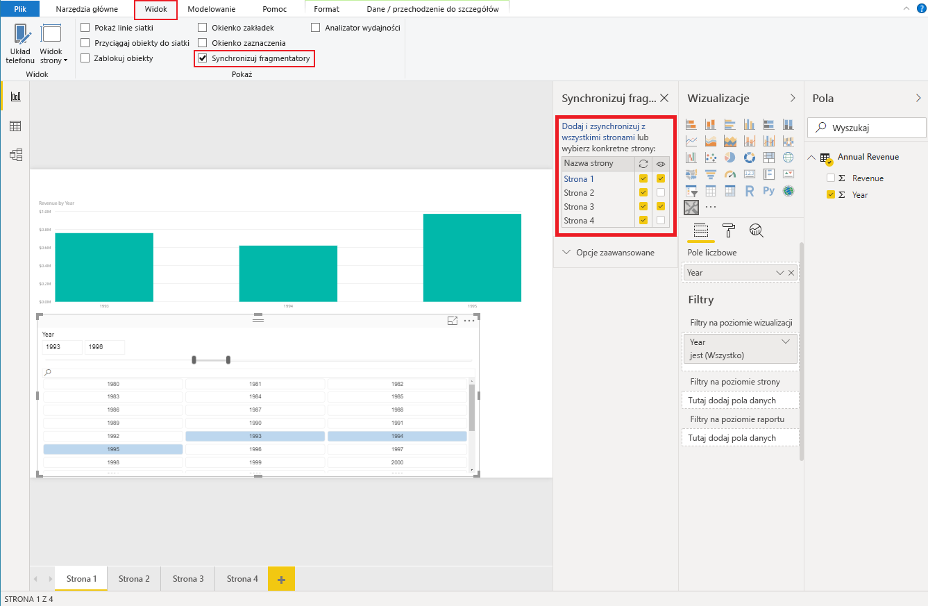 Zrzut ekranu programu Power BI Desktop przedstawiający okienko Wyświetl fragmentatory synchronizacji.