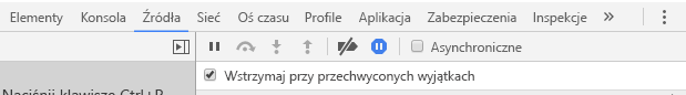 Zrzut ekranu przedstawia kartę Źródła z wybraną kartą Wstrzymaj wyjątki przechwycone.