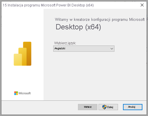 Zrzut ekranu przedstawiający instalację programu Power BI Desktop z kreatorem instalacji.