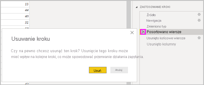 Zrzut ekranu programu Power BI Desktop przedstawiający okno dialogowe Usuwanie kroku.