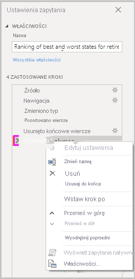 Zrzut ekranu programu Power BI Desktop przedstawiający opcje modyfikacji Zastosowane kroki.