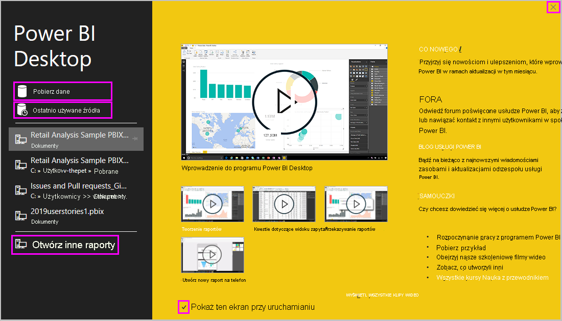 Zrzut ekranu programu Power BI Desktop przedstawiający ekran powitalny.