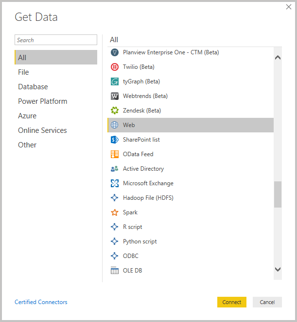 Zrzut ekranu programu Power BI Desktop przedstawiający narzędzie Pobierz dane.