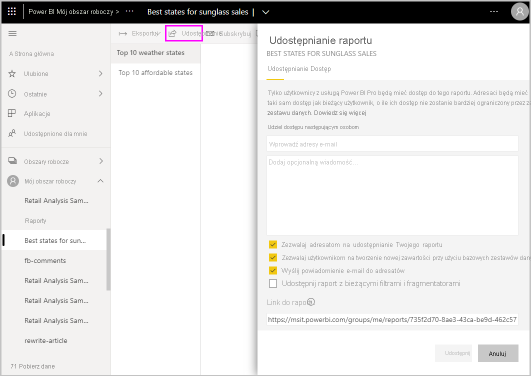 Zrzut ekranu programu Power BI Desktop przedstawiający ekran Udostępnianie raportu.