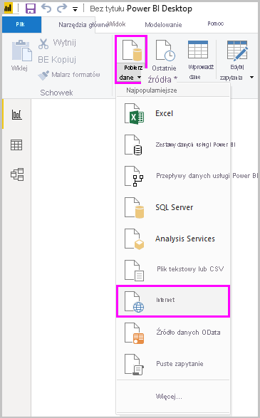 Zrzut ekranu programu Power BI Desktop przedstawiający opcję Internet narzędzia Pobierz dane.