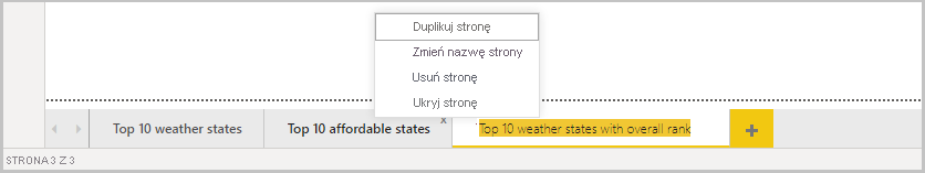 Zrzut ekranu programu Power BI Desktop przedstawiający pasek stron.