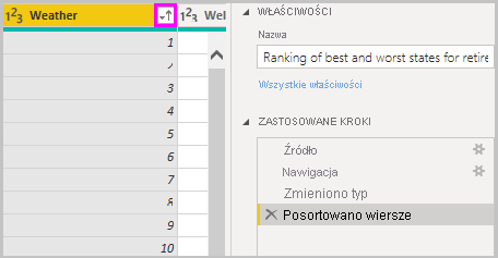 Zrzut ekranu programu Power BI Desktop przedstawiający posortowane wiersze wyświetlane w obszarze Zastosowane kroki.