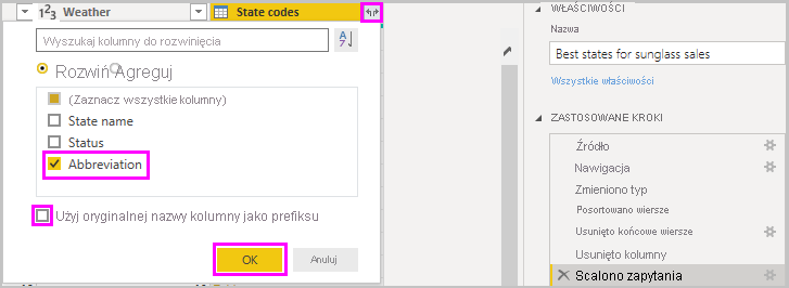 Zrzut ekranu programu Power BI Desktop przedstawiający kolumnę State Codes Abbreviation (Skróty kodów stanów).