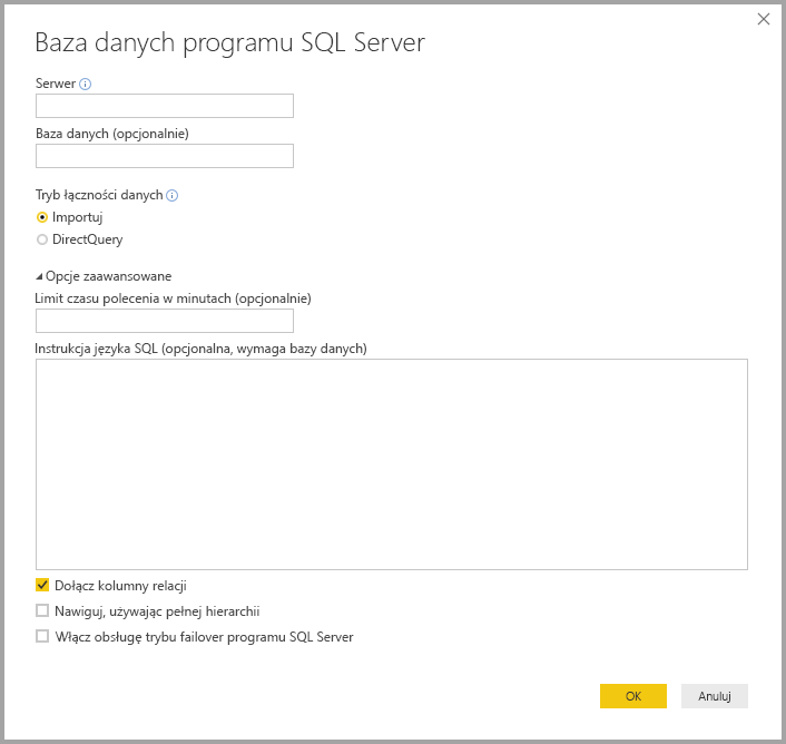 Screenshot of Power BI Desktop showing SQL Server database dialog box.