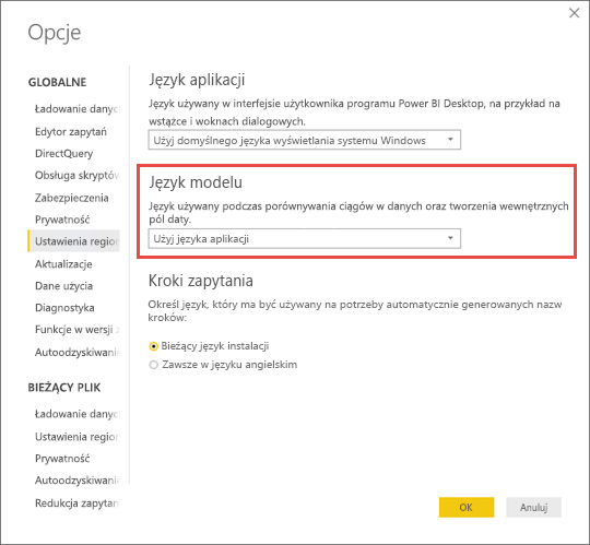 Zrzut ekranu programu Power BI Desktop przedstawiający sposób ustawiania języka modelu.