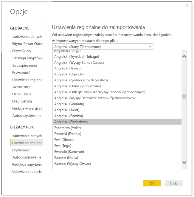 Zrzut ekranu programu Power BI Desktop przedstawiający okno dialogowe Opcje.