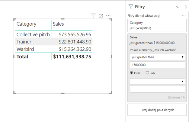 Zrzut ekranu programu Power BI Desktop przedstawiający dane tabelaryczne z zastosowanymi filtrami.