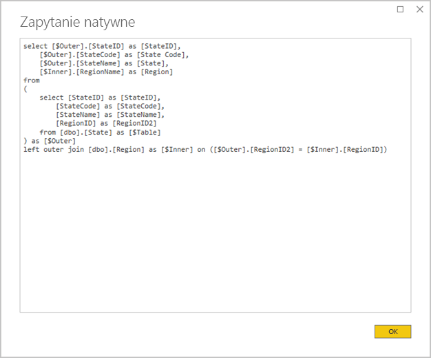 Zrzut ekranu programu Power BI Desktop przedstawiający okno Zapytanie natywne. Instrukcja zapytania łączy dwie tabele źródłowe.