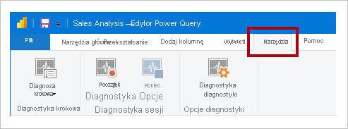 Zrzut ekranu przedstawiający kartę wstążki Narzędzia edytora Power Query z poleceniem diagnozowania kroku, poleceniem Uruchom diagnostykę i poleceniem Zatrzymaj diagnostykę.