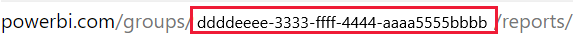 Zrzut ekranu przedstawiający identyfikator GUID obszaru roboczego w adresie URL usługa Power BI