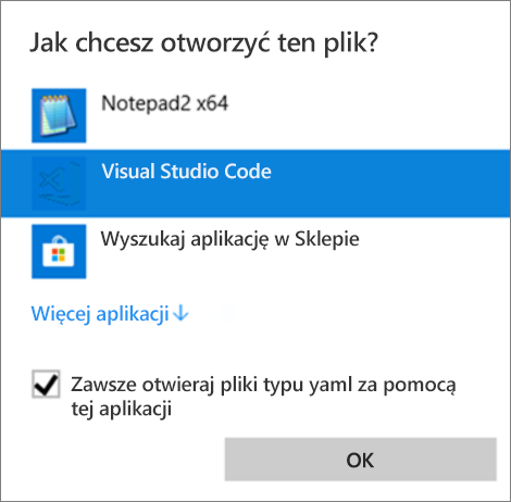 Screenshot of the dialog that shows a list of programs to open the file. Visual Studio Code and Always are highlighted.