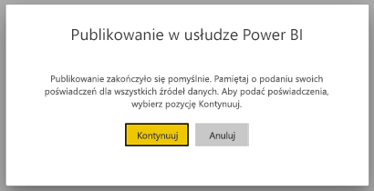 Zrzut ekranu przedstawiający okno dialogowe publikowania w usłudze Power BI.