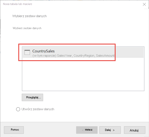 Zrzut ekranu przedstawiający okno dialogowe Wybieranie zestawu danych.