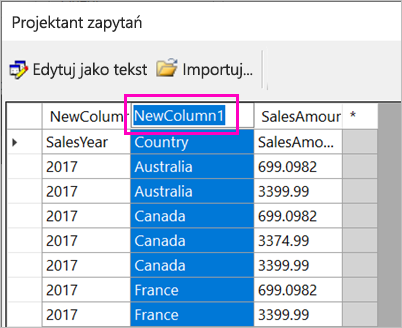 Zrzut ekranu przedstawiający wybór nazwy kolumny.