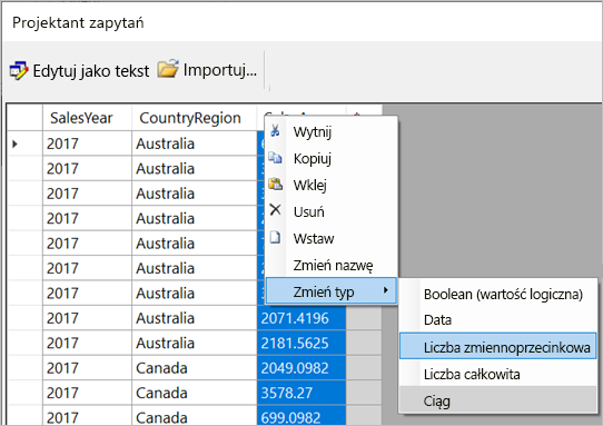 Zrzut ekranu przedstawiający opcje Zmień typ danych.