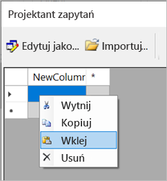 Zrzut ekranu przedstawiający opcję Wklej w Projektancie zapytań.