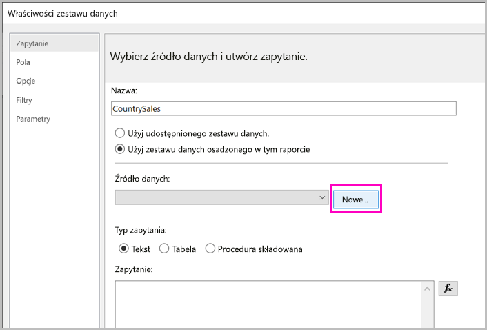 Zrzut ekranu przedstawiający przycisk Nowe osadzone źródło danych.