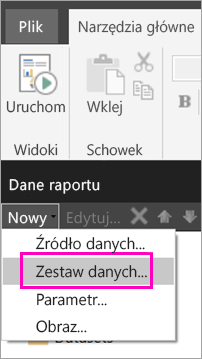 Zrzut ekranu przedstawiający opcję Zestaw danych w okienku Dane raportu.