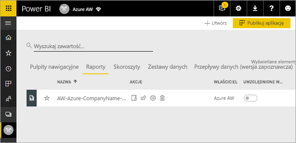 Zrzut ekranu przedstawiający miejsce wyświetlania raportu na liście Raporty na stronie Lista aplikacji.