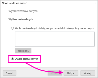 Zrzut ekranu przedstawiający miejsce znalezienia opcji Utwórz zestaw danych.