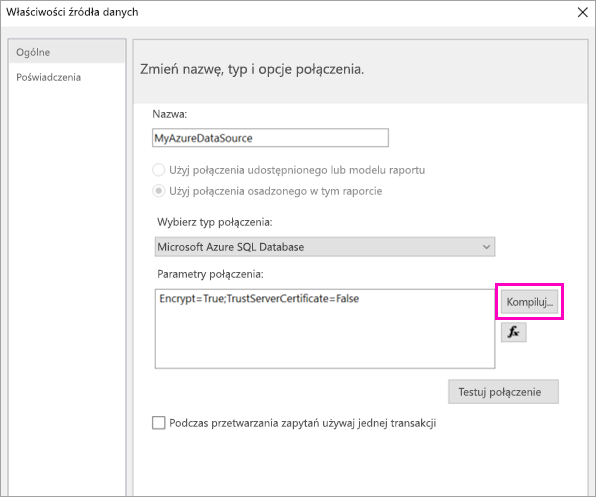 Zrzut ekranu przedstawiający, gdzie wybrać opcję Kompilacja we właściwościach źródła danych.