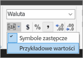 Zrzut ekranu przedstawiający miejsce wybrania pozycji Przykładowe wartości.